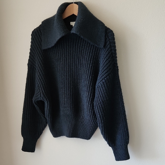 H&M Dark Green Chunky Sweater Shawl Collar Balloon Sleeves Drop Shoulder Sz S - Picture 1 of 16